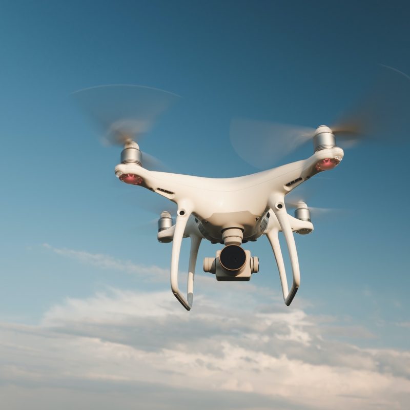 White drone hovering in a bright blue sky